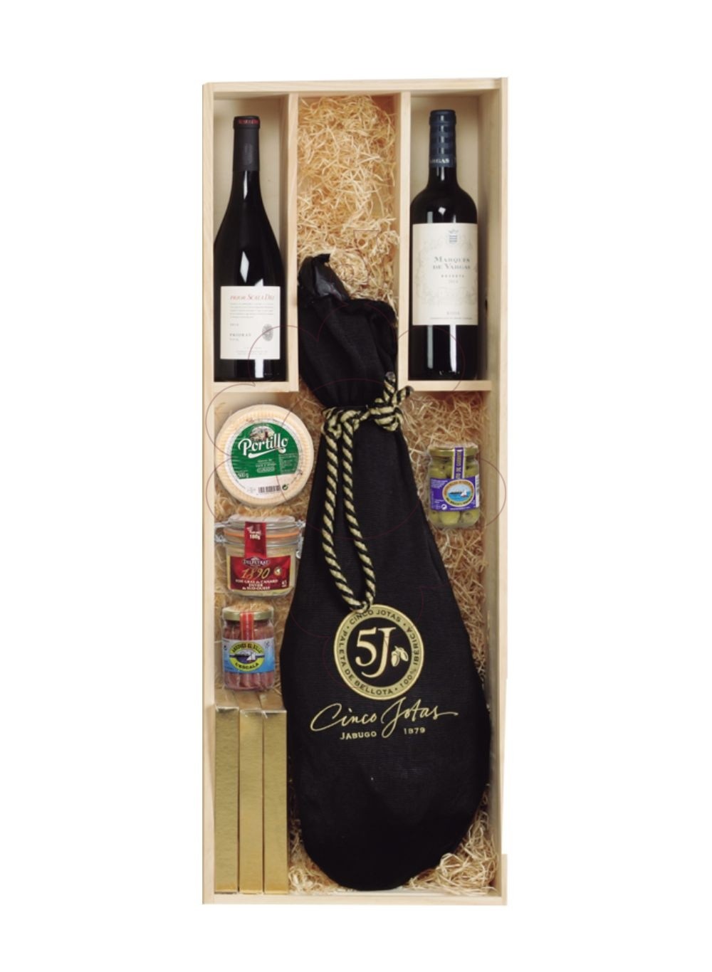 Foto Cajas Navidad 2 Botellas de Vino + Jamón 5J 5kg+ Surtido